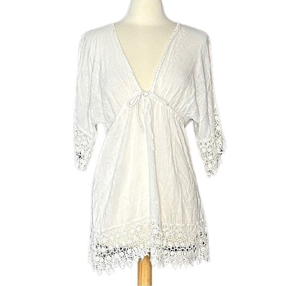 White Beachy Swim Coverup Lightweight Sheer Mini Dress Low Cut S21 - Picture 1 of 10